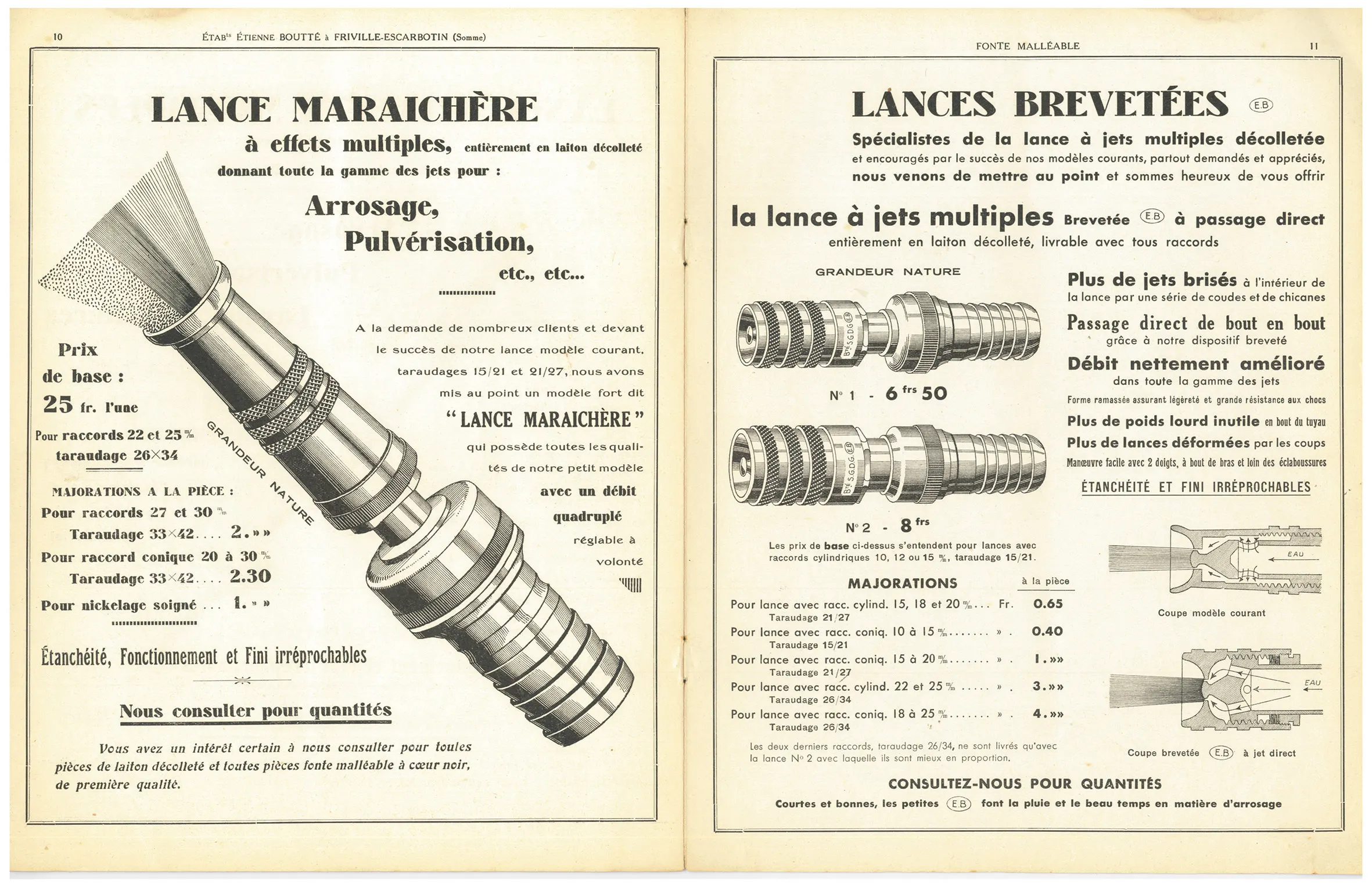 Pages d'un catalogue historique de lances d'arrosage Boutté
